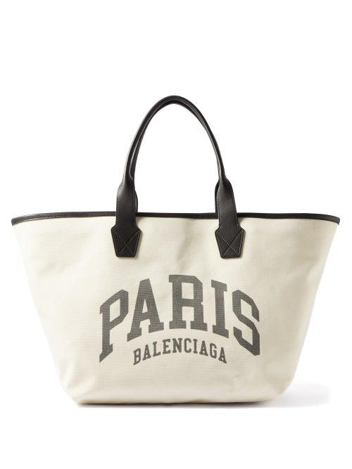 Balenciaga - Paris-print Leather-trim Canvas Tote Bag - Womens - Black White