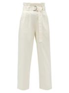 Matchesfashion.com Ganni - Belted Paperbag-waist Cotton-blend Twill Trousers - Womens - Cream
