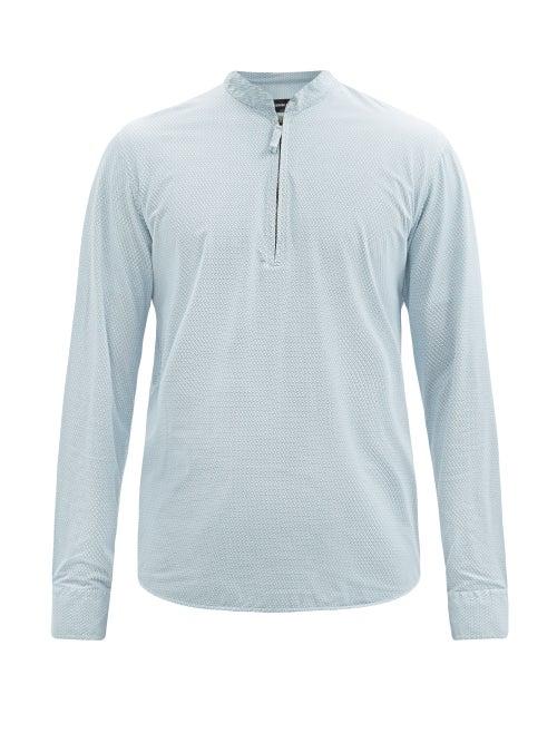 Matchesfashion.com Giorgio Armani - Quarter-zip Diamond-print Poplin Shirt - Mens - Light Blue