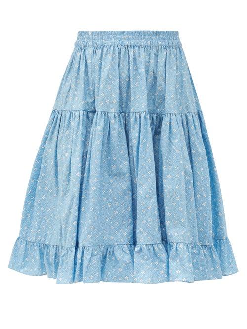 Matchesfashion.com Batsheva - Amy High-rise Floral-print Cotton Skirt - Womens - Blue