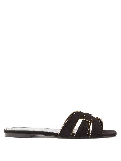 Matchesfashion.com Saint Laurent - Tribute Nu Pieds Suede Slides - Womens - Black Gold