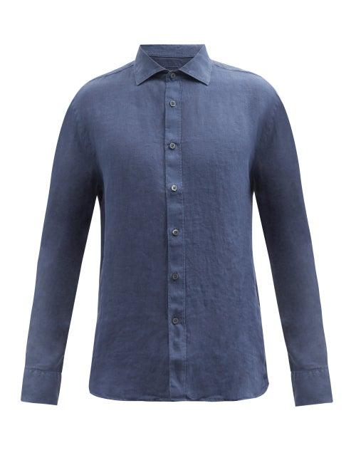 120 Lino 120% Lino - Spread-collar Linen-hopsack Shirt - Mens - Navy