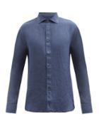 120 Lino 120% Lino - Spread-collar Linen-hopsack Shirt - Mens - Navy