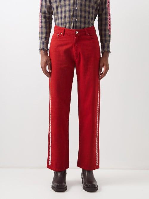 Youths In Balaclava - Floral-print Straight-leg Jeans - Mens - Red