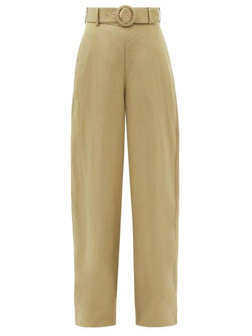 Zimmermann - Belted Linen Wide-leg Trousers - Womens - Khaki