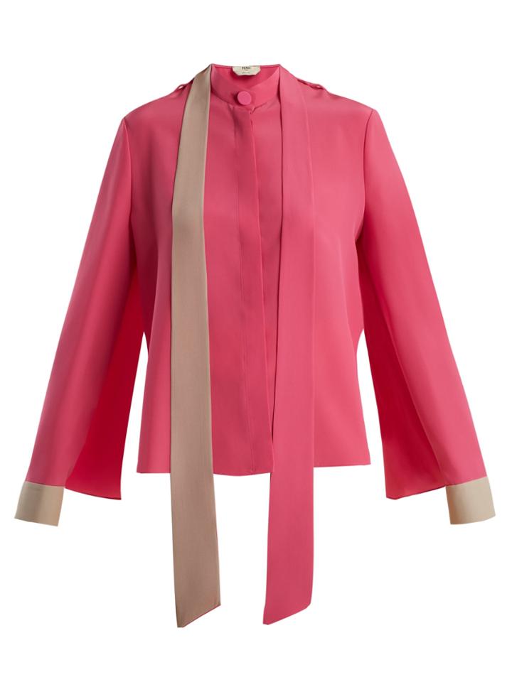 Fendi Contrast-cuff Crepe De Chine Silk Blouse