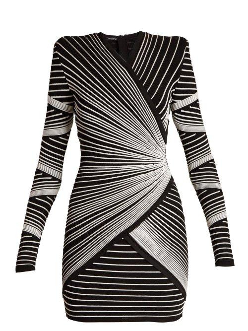 Matchesfashion.com Balmain - Striped Knit Wrap Style Mini Dress - Womens - Black White