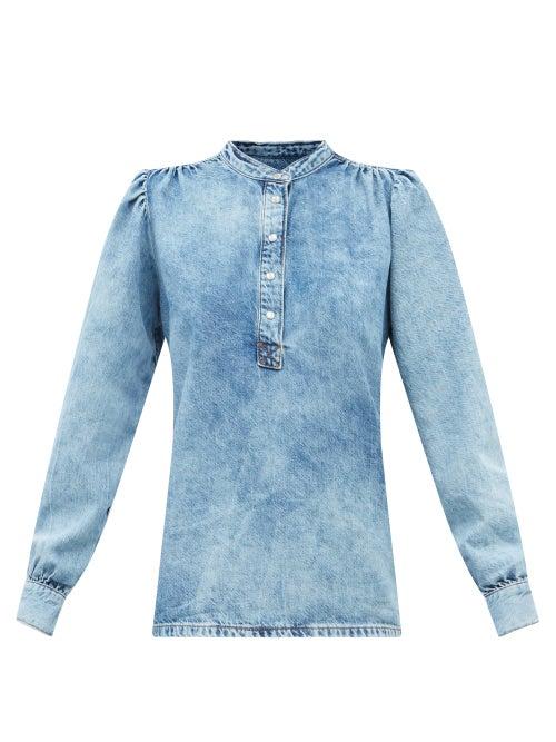 Ganni - Stand-collar Organic Cotton-blend Denim Shirt - Womens - Light Denim
