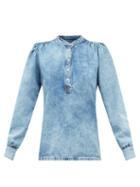 Ganni - Stand-collar Organic Cotton-blend Denim Shirt - Womens - Light Denim