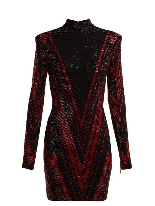 Matchesfashion.com Balmain - Chevron Stripe Crystal Embellished Mini Dress - Womens - Black Red