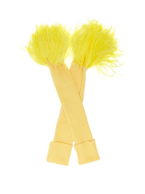 Matchesfashion.com Thebe Magugu - Feather-trimmed Wool-blend Fingerless Gloves - Womens - Yellow
