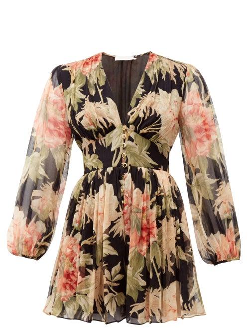 Matchesfashion.com Zimmermann - Espionage Floral Print Silk Chiffon Playsuit - Womens - Cream