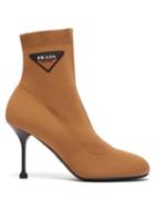 Matchesfashion.com Prada - Stretch Knit Logo Appliqu Ankle Boots - Womens - Beige