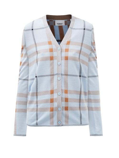 Burberry - Ramana Checked Merino Cardigan - Womens - Light Blue