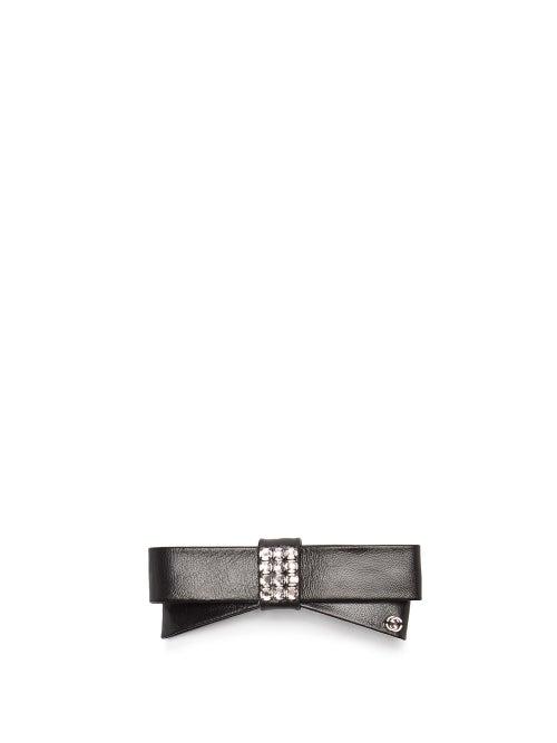 Matchesfashion.com Gucci - Crystal-embellished Leather Bow Barrette - Womens - Black