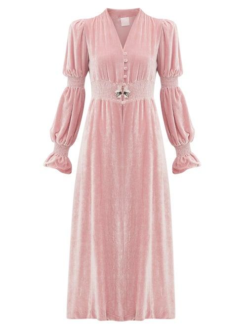Matchesfashion.com Loretta Caponi - Grace Slit-front Crystal-embellished Midi Dress - Womens - Pink