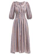 Matchesfashion.com Three Graces London - Arabella Striped Linen Blend Midi Dress - Womens - Navy Stripe