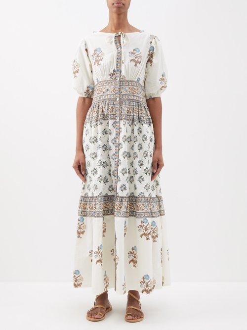 Hannah Artwear - Camilla Floral-print Cotton-poplin Midi Dress - Womens - Ivory Multi