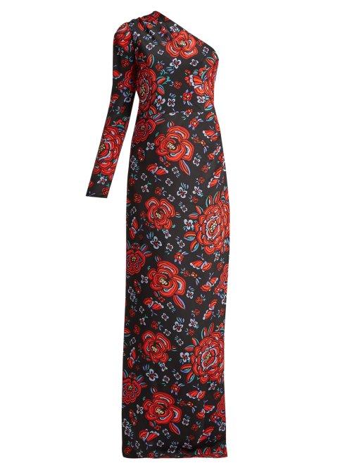 Matchesfashion.com Rebecca De Ravenel - Rose Print One Shoulder Silk Gown - Womens - Black Multi