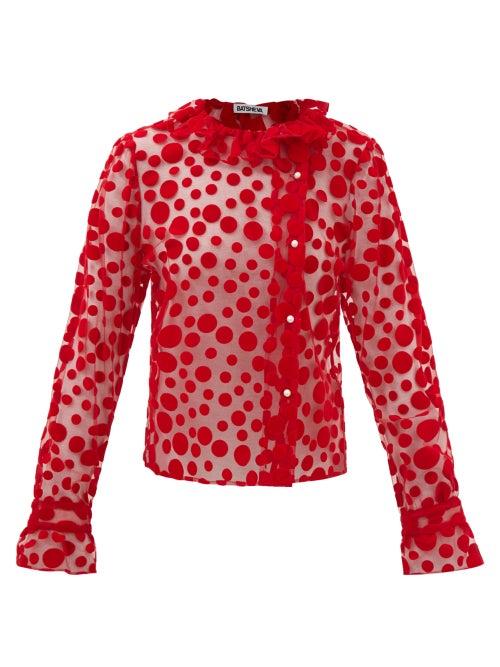 Batsheva - Petal Polka-dot Mesh Blouse - Womens - Red