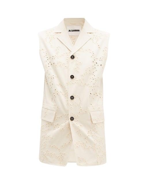Matchesfashion.com Jil Sander - Lea Broderie Anglaise Cotton Sleeveless Jacket - Womens - Beige