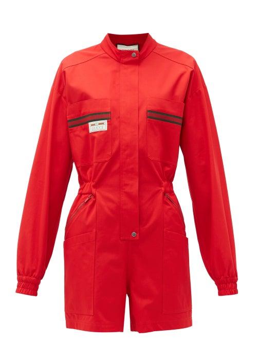Matchesfashion.com Gucci - Le Rose Di Eliogabalo Web-stripe Cotton Jumpsuit - Womens - Red