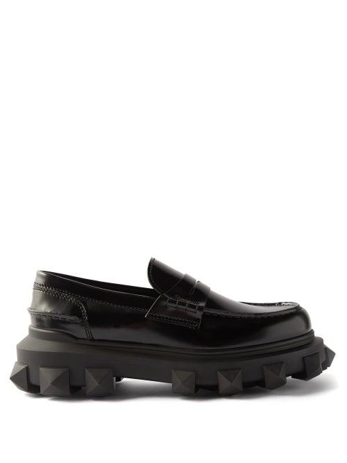 Valentino Garavani - Trackstud Leather Penny Loafers - Mens - Black