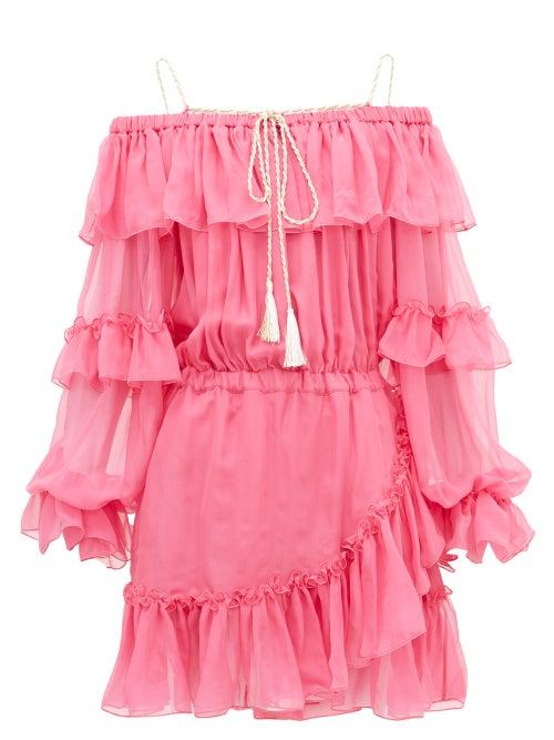 Matchesfashion.com Dundas - Off-the-shoulder Ruffled Silk-chiffon Dress - Womens - Pink Multi