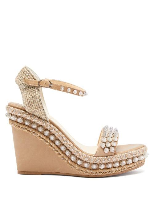 Matchesfashion.com Christian Louboutin - Lata Studded Leather Wedge Sandals - Womens - Tan