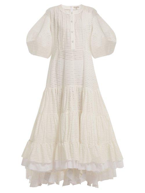 Matchesfashion.com Natasha Zinko - Broderie Anglaise Puff Sleeved Cotton Dress - Womens - White