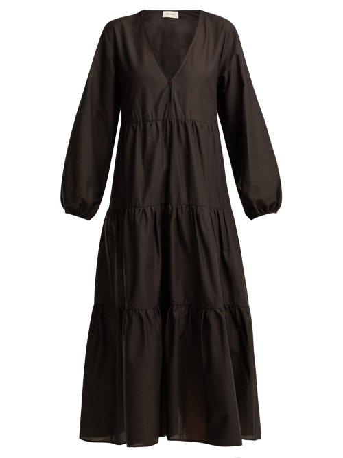 Matchesfashion.com Matteau - The Long Sleeve Tiered Cotton Maxi Dress - Womens - Black