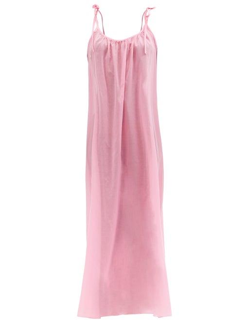 Ladies Lingerie Loup Charmant - Tie-strap Organic-cotton Voile Maxi Dress - Womens - Pink