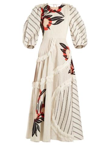 Matchesfashion.com Roksanda - Kayine Floral Print Linen Blend Dress - Womens - White Stripe