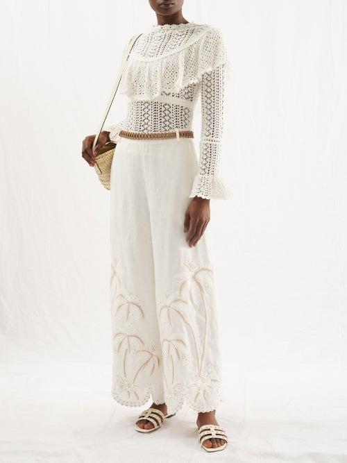 Zimmermann - Palm-embroidered Voile Trousers - Womens - Ivory