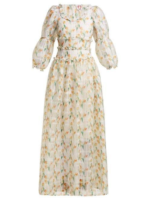 Matchesfashion.com Shrimps - Cara Daffodil Print Check Organza Maxi Dress - Womens - White Multi