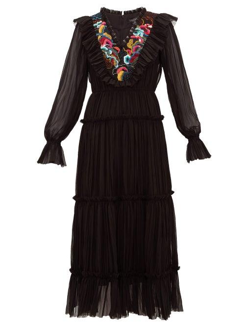 Matchesfashion.com Saloni - Celestine Embroidered Georgette Midi Dress - Womens - Black Multi