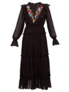 Matchesfashion.com Saloni - Celestine Embroidered Georgette Midi Dress - Womens - Black Multi