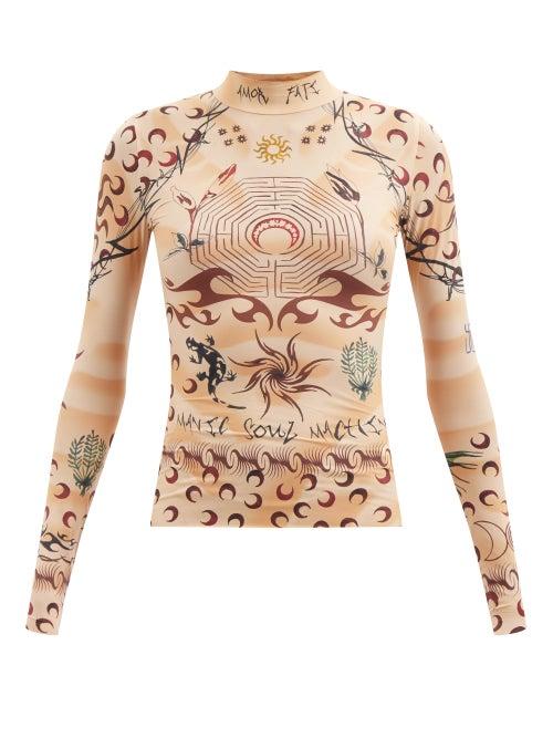 Marine Serre - High-neck Tattoo-print Jersey Top - Womens - Tan Multi