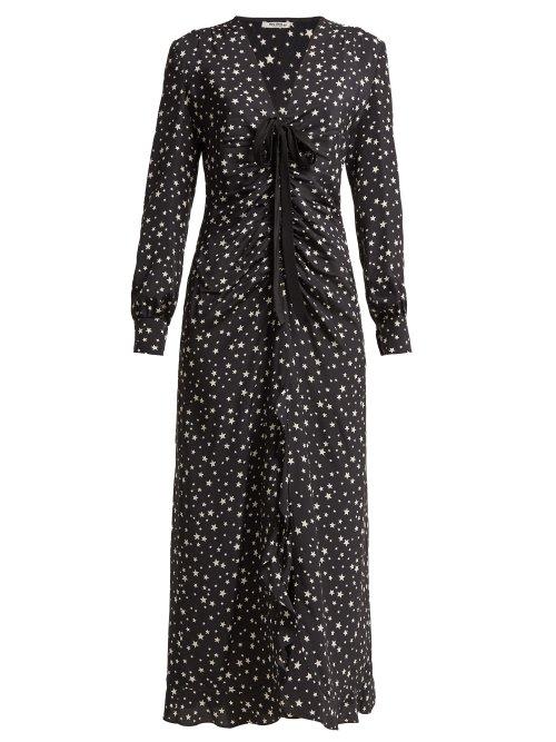 Matchesfashion.com Miu Miu - Star Print Ruffled Silk Midi Dress - Womens - Black Multi