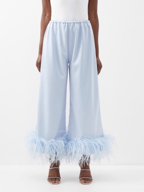 16arlington - Mandrake Feather-trimmed Cropped Satin Trousers - Womens - Light Blue