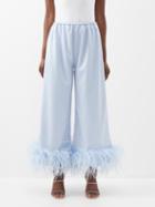 16arlington - Mandrake Feather-trimmed Cropped Satin Trousers - Womens - Light Blue