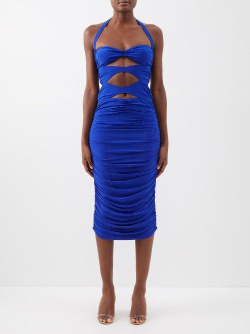 Norma Kamali - Peekaboo Mio Halterneck Stretch-jersey Gown - Womens - Cobalt Blue