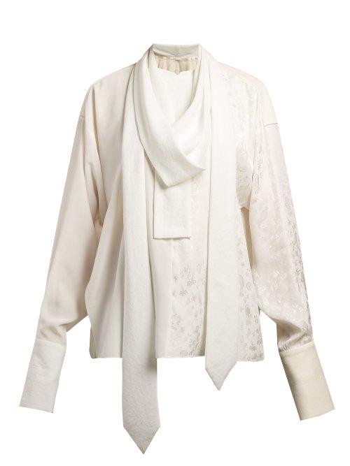 Matchesfashion.com Loewe - Pussy Bow Jacquard Satin Blouse - Womens - Ivory