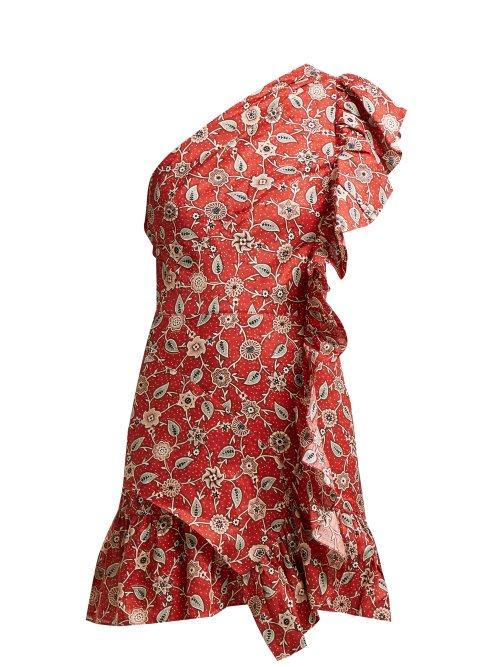 Matchesfashion.com Isabel Marant Toile - Teller Floral Print Ruffled Linen Dress - Womens - Red Multi