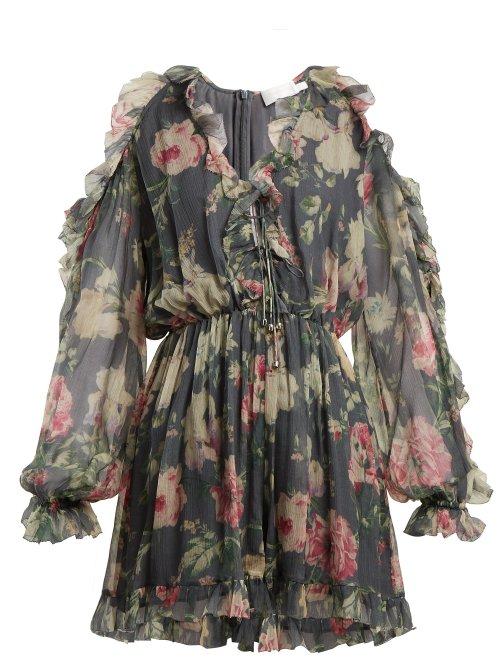 Matchesfashion.com Zimmermann - Iris Floral Printed Sheer Silk Playsuit - Womens - Charcoal Print