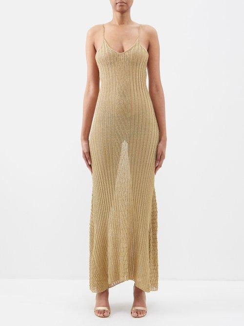 Victoria Beckham - Cable-knit Lurex Maxi Dress - Womens - Gold Brown