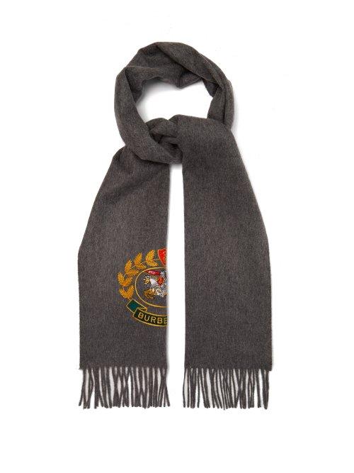 Matchesfashion.com Burberry - Logo Crest Embroidered Cashmere Scarf - Womens - Grey