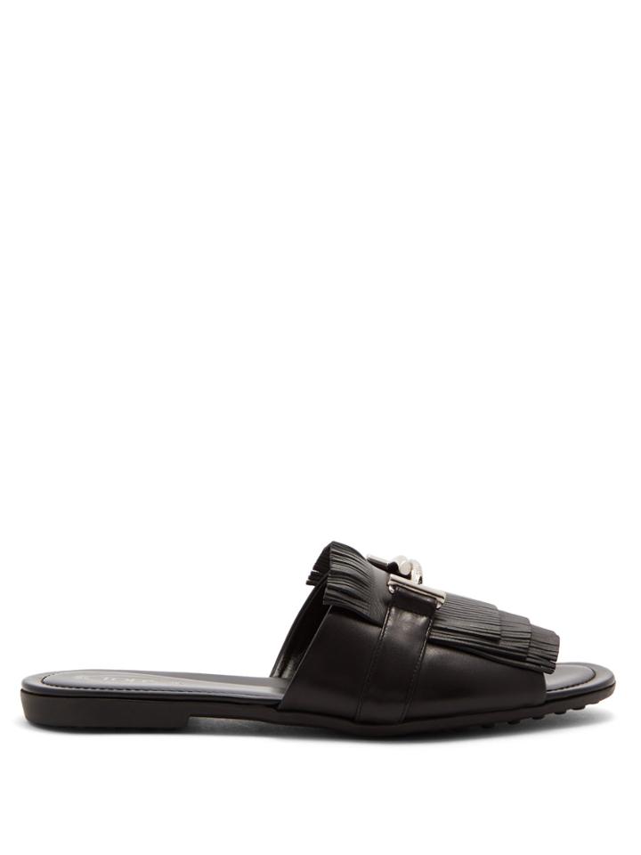 Tod's Fringed T-bar Leather Slides