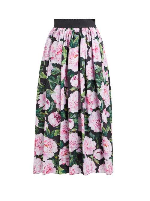 Matchesfashion.com Dolce & Gabbana - Peony Printed Cotton Poplin Midi Skirt - Womens - Black Multi