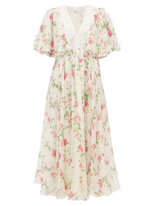 Matchesfashion.com Giambattista Valli - Poppy Print Silk Georgette Midi Dress - Womens - Ivory Multi